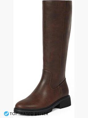 Round Toe Knee High Boots Chunky Platform Low Heel Side Zipper Fall